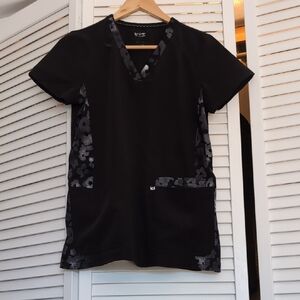 Koi Black Scrub Top with Gray Floral Accents